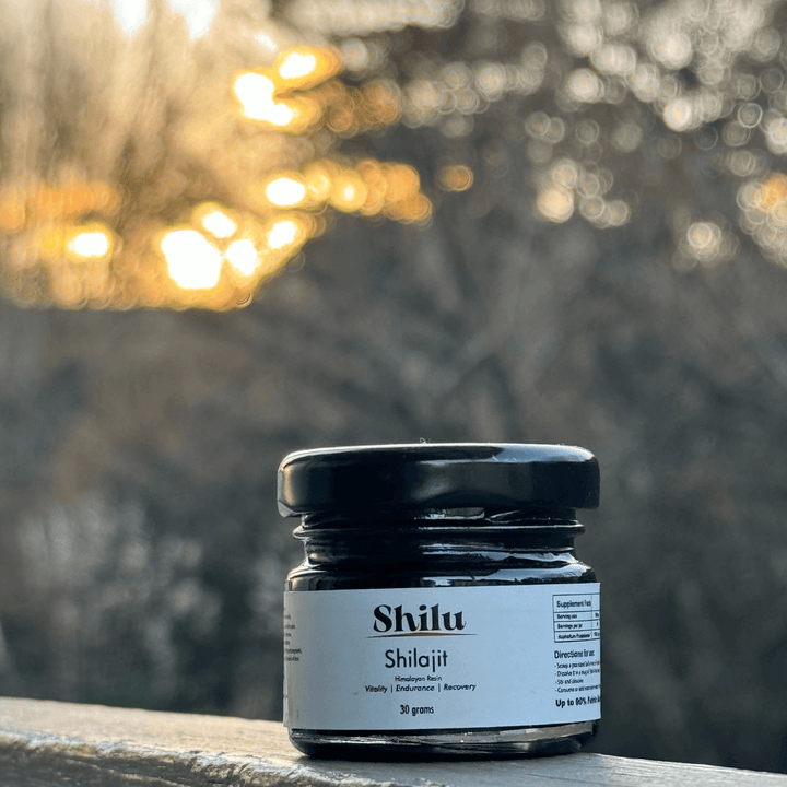 Jar of Shilu Shilajit nz on a blurred natural background